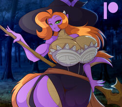 1girls 2021 anthro blue_skin breasts cleavage dragon female female_only furry green_eyes green_hair huge_breasts knuckle_up! long_hair looking_at_viewer mastergodai muscular muscular_female rascals scalie solo staff swoop_(mastergodai) tail thick_thighs voluptuous wide_hips witch witch_hat