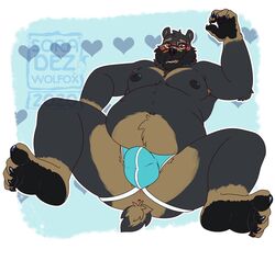 1boy 2020 4_toes 5_fingers anthro anthro_only anus armpit armpit_hair ass bear beard belly belly_button black_body black_fur black_nose blush blushing blushing_at_viewer bowrb_(character) bulge clothing dad_bod dadbod eyewear feet flaccid_penis fur furry furry_only gay glasses heart humanoid_feet humanoid_genitalia humanoid_hands humanoid_penis jockstrap looking_at_viewer male mammal moobs multicolored_fur nipples overweight overweight_male soles solo soraawoolf underwear underwear_only ursid ursine yaoi