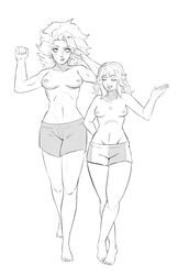 2girls abs breasts closed_eyes eyes_closed female female_only height_difference league_of_legends looking_down medium_breasts monochrome muscular muscular_female nipples no_bra open_mouth qiyana_yunalai quro rell_(league_of_legends) small_breasts standing swim_trunks topless white_background wholesome wholesome_topless