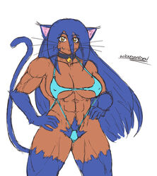 1girls abs bell bell_collar bikini blue_fur blue_hair cat_ears cat_tail catgirl choker claws collar dark_skin female_only fit fit_female kemonomimi large_breasts long_hair looking_at_viewer monster_girl muscles muscular muscular_female oc original original_character pubic_hair ryuka sling_bikini slit_pupils smile swimsuit whiskers wickedraiden yellow_eyes