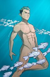 1boy abs black_hair censored convenient_censoring erect_nipples fish green_eyes green_hair male male_only marvel micahdraws naked namor pointless_censoring pointy_ears sub-mariner superhero two_tone_hair underwater