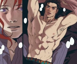 2boys abs armpit_hair armpits arms_up bara big_pecs blush buff eye_contact gay hairy_armpits jojo's_bizarre_adventure jotaro_kujo large_pecs looking_at_another male_only muscular muscular_male nervous noriaki_kakyoin open_mouth partially_clothed pecs solo_focus stardust_crusaders surprised sweat topless undressing wide_eyed yaoi