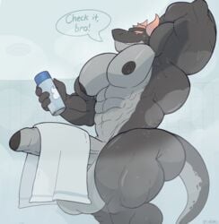 2020 abs absurd_res anthro archer_(crocobu) balls big_balls big_muscles big_penis black_body black_nipples bodily_fluids bottle countershading crocobu digital_media_(artwork) dragon english_text erection foreskin genitals hand_behind_head hi_res holding_bottle holding_object huge_balls huge_cock huge_muscles humanoid_genitalia humanoid_penis hyper hyper_muscles male muscular muscular_anthro muscular_arms muscular_male muscular_thighs nipples nude penis raised_arm scalie signature solo speech_bubble steam sweat text towel uncut water_bottle western_dragon