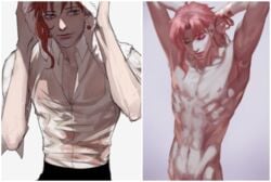 1boy abs armpit_hair arms_above_head arms_up clothed earrings emg_(christain) jojo's_bizarre_adventure male_only nipples_visible_through_clothing noriaki_kakyoin nude pubes ribbon solo_male stardust_crusaders stretching tied_arms toned toned_male transparent_clothing undressing wet wet_hair wet_shirt white_shirt