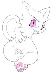 2020 anthro anus ass domestic_cat felid feline felis female fur furry_only genitals grin looking_at_viewer looking_back mammal nude pawpads pink_eyes presenting pussy rawrunes simple_background smile solo white_background white_body white_fur