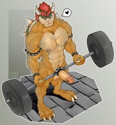 1boy 2020 3_toes 5_fingers abs absurd_res accessory anthro armband barbell bowser bracelet brown_body claws cock_ring countershading fingers genitals hair heart hi_res high-angle_view humanoid_genitalia humanoid_hands humanoid_penis jewelry koopa male male_only mario_(series) mrsleepyskull muscular muscular_anthro muscular_arms muscular_male nintendo nipple_piercing nipple_ring nipples nude pecs penis penis_accessory penis_jewelry piercing pink_nipples red_eyes red_hair scalie shell signature solo spiked_armband spiked_bracelet spiked_cock_ring spiked_shell spikes spikes_(anatomy) standing toes video_games weightlifting white_claws