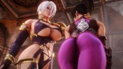 2girls 3d alternate_version_available animated ass ass_slap big_ass black_hair blue_eyes bodysuit breasts cleavage earrings female female_only femdom femsub huge_ass isabella_valentine large_breasts moaning noname55 ponytail short_hair skimpy skin_tight soul_calibur soul_calibur_iv sound source_filmmaker spanking taki underboob video white_hair yuri