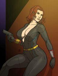 1girls big_breasts black_widow_(marvel) bodysuit cleavage female female_only gun human human_only light-skinned_female light_skin marvel marvel_comics natasha_romanoff red_hair taynor_hook unzipped unzipped_bodysuit voluptuous weapon