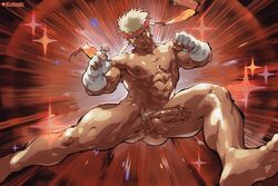 1boy abs bandages bara blaziken blonde_hair blue_eyes body_hair dark-skinned_male dark_skin dizdoodz facial_hair fighting_stance full_body gen_3_pokemon headband highres kicking looking_at_viewer male_focus male_only male_pubic_hair muscular muscular_male navel nipples nude pectorals penis personification pokemon pokemon_(species) precum pubic_hair short_hair sideburns simple_background solo solo_male sparkle spiked_hair stubble testicles thick_eyebrows thick_thighs thighs uncensored veins veiny_penis