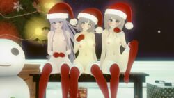 3d 3girls akamatsu_kaede christmas christmas_clothing christmas_hat danganronpa danganronpa_2:_goodbye_despair danganronpa_v3 embarrassed embarrassed_nude_female enf exhibitionism female_only kirigiri_kyouko koikatsu multiple_girls nanami_chiaki outdoors public_nudity red_socks socks stockings straight_hair thigh_socks thighhighs ultimateenf