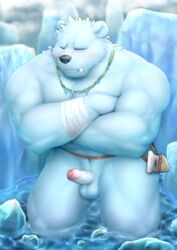 2020 balls barazoku black_nose blush closed_eyes erection genitals humanoid_genitalia humanoid_penis ice kemono male mammal muscular muscular_male nazimi00 outside penis polar_bear ursid ursine water