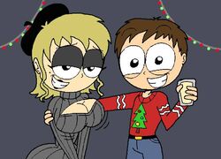 1boy 1boy1girl 1girls beauty_mark big_breasts black_eyeshadow black_lipstick blonde_hair breasts brown_hair christmas cup eggnog eyeshadow female human keyhole_turtleneck lipstick male montatora-501 omegusmaximus palette_(montatora-501) smile ugly_christmas_sweater ugly_sweater