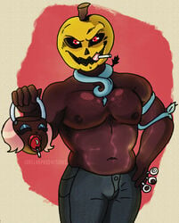 bara evil gut hairy halloween jack-o'-lantern lovelabproductions monster monster_man muscle muscles pumpkin pumpkin_head red_eyes shirtless