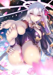 1girls 2020 :> armor bangs bare_shoulders barefoot bikini_armor blonde_female blush breasts circlet closed_mouth detached_sleeves dress earrings fate/grand_order fate_(series) feet female flower foot_fetish foot_focus gold_(metal) hair_ribbon halo hinot jewelry kama_(fate/grand_order) legs long_hair looking_at_viewer lotus metal_collar pelvic_curtain purple_dress red_eyes ribbon sideboob soles solo starry_sky thighhighs thighlet thighs toes