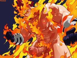 1boy bara beard between_pecs biceps blue_eyes blue_gloves bracer cowboy_shot dizdoodz endeavor_(my_hero_academia) enji_todoroki erection facial_hair fiery_hair fire frown gloves highres large_penis looking_to_the_side male_focus male_only male_pubic_hair muscular muscular_male my_hero_academia navel nipples nude pectorals penis pubic_hair red_hair short_hair simple_background solo spiked_hair thick_thighs thighs uncensored veins veiny_penis