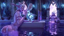 2girls ass bath breasts elf female female_only legs_crossed multiple_girls mystmantle night_elf nipples purple_skin shiny shiny_skin thighs warcraft white_hair world_of_warcraft wow