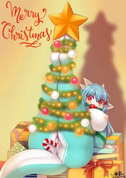 2020 airlemi_(character) anthro ass ball_gag big_breasts blue_hair blush blush_lines bodily_fluids bondage bound breasts candy candy_cane christmas christmas_lights christmas_tree colored dessert dragon english_text eye_through_hair eyebrow_through_hair eyebrows female food food_fetish food_insertion food_play full-length_portrait gag gagged genital_fluids genitals gift hair hi_res holidays humanoid_genitalia humanoid_pussy improvised_sex_toy legs_together legs_up light lighting looking_at_viewer nipples non-mammal_breasts nude penetration plant portrait pussy pussy_juice red_eyes signature solo sweat text translucent translucent_hair tree vaginal_penetration wolflong