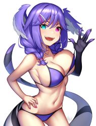 1girls bare_midriff bare_shoulders belly_button big_breasts bikini cleavage dragon_girl dragon_hand dragon_tail exposed_shoulders exposed_torso fangs hair_over_shoulder hair_wings hairclip hand_on_hip head_wings heterochromia looking_at_viewer midriff navel nijisanji nijisanji_en nitrus14 purple_hair selen_tatsuki solo solo_female solo_focus swimsuit tail twin_braids virtual_youtuber white_background