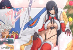 2girls abs alternate_costume artist_name bakuzan bangs big_breasts black_gloves black_hair black_panties blue_eyes box breasts cameo character_doll christmas christmas_tree commentary couch crop_top crossover detached_sleeves dragon_ball dragon_ball_super english_commentary eyelashes female female_focus female_only frown fur-trimmed_sleeves fur_trim gift gift_box gloves goku hair_ornament hair_over_shoulder hairclip highleg highleg_panties jitome junketsu kameseru kamui_(kill_la_kill) katana kill_la_kill kiryuuin_satsuki large_breasts long_hair looking_at_viewer mastered_ultra_instinct matoi_ryuuko merry_christmas multicolored_hair multiple_girls navel on_couch panties peeking_out planted planted_sword red_hair red_legwear red_sleeves revealing_clothes ribbon santa_costume scabbard sheathed short_hair sitting solo_focus son_goku sword tagme thick_eyebrows thick_thighs thighhighs thighs thong ultra_instinct underboob underwear weapon