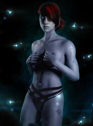 1girls blue_body blue_eyes blue_skin breasts bungie destiny_(game) destiny_2 female female_only fit_female glowing_eyes hand_on_breast hands_covering_breasts looking_at_viewer panties petra_venj red_hair scar skstalker solo solo_female tagme tattoo tattoo_on_arm tattooed_arm topless topless_female