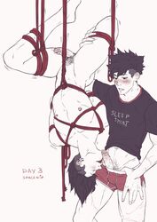 blowjob blush bondage gay hanta_sero human izuku_midoriya licking_penis male male/male male_only my_hero_academia nipple_piercing nipples penis precum shibari spacenipnops tied_up upside-down upside_down