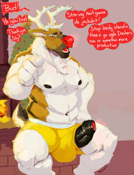 1boy 2020 angry anthro antlers balls balls_outline capreoline cervid christmas clothing comic detailed_background dialogue digital_media_(artwork) duo english_text erection foreskin fur genital_outline genitals holidays horn humanoid_genitalia humanoid_penis koorivlf male mammal muscular muscular_male nipples penis penis_through_leghole poking_out red_nose reindeer rudolph_the_red_nosed_reindeer solo solo_focus speech_bubble text uncut underwear unretracted_foreskin unseen_character