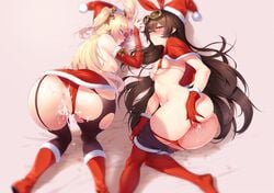 2girls after_sex after_vaginal ahe_gao amber_(genshin_impact) ass blonde_hair blush boots brown_hair christmas christmas_hat christmas_outfit cum cum_in_pussy cum_inside cum_on_ass cum_on_pussy dark_hair doggy_style duo elbow_gloves face_down_ass_up female female_only fischl_(genshin_impact) fucked_silly genshin_impact gloves goggles green_eyes hat highres hoyoverse knee_boots legwear light-skinned_female light_skin long_hair looking_at_viewer mihoyo momihige_(mo3hig3) multiple_girls orange_eyes panties panties_aside panty_pull pantyhose possible_duplicate pussy red_gloves ripped_pantyhose santa_costume skirt small_breasts stockings torn_legwear torn_pantyhose uncensored very_long_hair