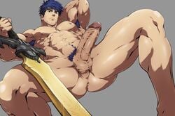 1boy abs anus armpit_hair armpits ass bara biceps blue_eyes blue_hair body_hair completely_nude dizdoodz erection feet_out_of_frame fire_emblem fire_emblem:_path_of_radiance fire_emblem:_radiant_dawn headband highres holding holding_sword holding_weapon ike_(fire_emblem) looking_at_viewer lying male male_focus male_only male_pubic_hair muscular muscular_male navel navel_hair nipples nude on_back pectorals penis pubic_hair ragnell_(fire_emblem) short_hair solo solo_male spread_legs sword testicles thick_thighs thighs uncensored veins veiny_penis weapon