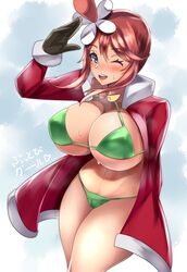 1girls alternate_breast_size big_breasts bikini blue_eyes blush christmas christmas_outfit curvy_figure eye_contact female gloves huge_breasts large_breasts looking_at_viewer nintendo one_eye_closed pokemon pokemon_bw red_hair skyla_(pokemon) solo tea_texiamato text thick_thighs thighs wide_hips