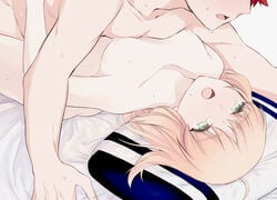 1boy ahoge artoria_pendragon bangs bed_sheet blonde_hair blush breasts collarbone commentary_request emiya_shirou eyebrows_visible_through_hair fate/stay_night fate_(series) female green_eyes highres lying medium_breasts nipples nude on_back open_mouth pillow red_hair saber sex straight suzuakks sweat tears