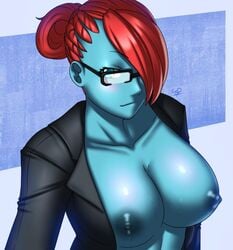 1girls awoken blue_body blue_skin breasts breasts_out business_suit business_woman dark_nipples destiny_(game) female female_only gary-q glasses jacket looking_at_viewer nipples office_lady petra_venj red_hair secretary suit tagme