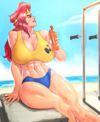 adventures_of_sonic_the_hedgehog beach big_breasts captainjingo katella_the_huntress long_hair muscular red_hair sonic_(series) sonic_the_hedgehog_(series) sweat