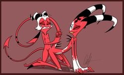 2boys anal ass blitzo_(helluva_boss) bloxxie blush closed_eyes cum cum_inside cumming ejaculation g-h- ghastlygh hair helluva_boss holding holding_object holding_tail male male_only moxxie_(helluva_boss) naked penis pleasured red red_eyes red_penis sex spikes sweat sweatdrop tail thin thin_arms vivienne_medrano white yaoi