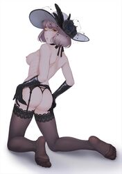 ;o ass black_feathers black_flower black_gloves black_legwear black_panties black_rose breasts edogawa_roman feathers feet female flower from_behind full_body garter_belt gloves grey_hair hands_on_own_ass hat hat_flower highres kneeling looking_at_viewer looking_back medium_breasts nipples no_shoes one_eye_closed original panties rose simple_background solo string_panties thighhighs topless underwear white_background white_headwear yellow_eyes