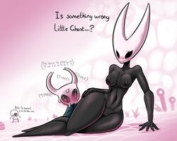 2020 5:4 5_fingers ambiguous_gender anthro arthropod black_body blush bodily_fluids breasts completely_nude completely_nude_female digital_media_(artwork) duo english_text fecharis female fingers full_body genitals hollow_knight hornet_(hollow_knight) insects lace_(hollow_knight) larger_female latiar naked naked_female nipples nude nude_female profanity protagonist_(hollow_knight) pussy siblings silksong simple_background size_difference smaller_ambiguous sweat team_cherry text vessel_(species) video_games