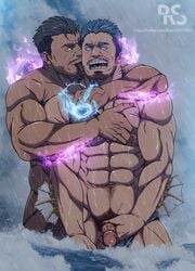 2boys abs absurdres bara black_hair blue_eyes blue_hair completely_nude couple dagon_(tokyo_afterschool_summoners) dark-skinned_male dark_skin energy face_licking facial_hair flaccid gay grabbing highres licking male male_focus male_only male_pubic_hair multiple_boys muscular muscular_male navel_hair nipples nude old old_man pectoral_grab pectorals penis pubic_hair rain ryans short_hair stubble tokyo_afterschool_summoners tokyo_houkago_summoners tongue tongue_out triton_(tokyo_afterschool_summoners) uncensored veins veiny_penis water wet yaoi yellow_eyes