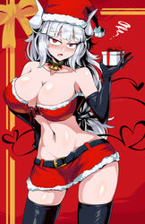 1girls 2020 armpits bare_shoulders bell black_gloves blush bow breasts choker christmas cleavage demon_girl demon_horns demon_tail elbow_gloves embarrassed eyebrows_visible_through_hair female female_only gift gift_box gloves hand_on_hip helltaker highres horns huge_breasts long_hair looking_at_viewer low-tied_long_hair lucifer_(helltaker) midriff miniskirt mole mole_under_eye navel open_mouth red_background red_eyes revealing_clothes santa_costume santa_hat silver_hair skirt solo standing suzusiigasuki sweat tail thick_thighs thighhighs thighs tied_hair tongue tubetop zettai_ryouiki