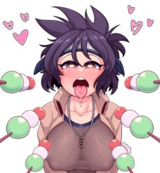 1girls big_breasts blush breasts brown_eyes clothing coat collarbone cuchuflin dango drooling feeding female female_only fishnet fishnet_shirt food forehead_protector headband heart heart-shaped_pupils looking_at_viewer mitarashi_anko naruto naruto_(series) naruto_shippuden nipples open_mouth puffy_nipples purple_hair saliva see-through see-through_clothing sexually_suggestive shirt_lift surrounded_by_dango tied_hair tongue tongue_out upper_body visible_nipples