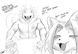 anthro artist_signature bebebebebe buru_(jaynatorburudragon) canid canine canis dragon english_text female happy heart jacket jaynatorburudragon male scalie sketch wolf