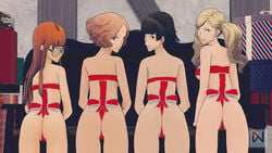 3d 4girls ann_takamaki christmas dioxnath female_only gift_wrapped_female gift_wrapping haru_okumura makoto_niijima multiple_girls persona persona_5 rear_view sakura_futaba skimpy_clothes