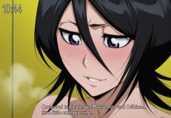 1girl solo solo_female solo_focus bleach bleach:_the_thousand-year_blood_war bleach:_sennen_kessen-hen kuchiki_rukia rukia_kuchiki small_breasts smaller_female petite black_hair long_hair blue_eyes bathroom bathing bath bathtub accurate_art_style cute subtitles blush blushing parted_lips looking_down subtitled on_model