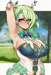 1girls 2d ai_generated arm_up armpit_fetish armpit_focus armpit_peek armpits big_breasts blush ceres_fauna dress embarrassed female female_focus female_only forest goddess golden_eyes green_eyes hi_res hibiki120 hololive hololive_english hololive_english_-council- horns huge_breasts large_breasts light_skinned_female long_hair looking_aside looking_away looking_to_the_side lower_body_out_of_frame mommy mother_nature one_arm_up round_breasts showing_armpits smelly_armpits solo standing steam steaming_body sweat sweaty sweaty_body upper_body virtual_youtuber white_clothing yellow_eyes
