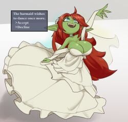 1girls blue_eyes breasts character_request choker cleavage dress english_text female female_only goblin goblin_female green-skinned_female green_skin heart-shaped_pupils inviting large_breasts long_hair looking_up original original_character pointy_ears red_hair sharp_teeth skrt004 slim_waist smile solo symbol-shaped_pupils text