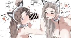 1boy 2girls anger_vein angry_expression angry_face animated artist_request bare_shoulders blush breasts breasts_out brown_eyes brown_hair cat_ears censor_bar censored censored_penis cleavage english_text fake_animal_ears fellatio goddess_of_victory:_nikke grey_hair hag hearts hearts_around_head highres huge_breasts ingrid_(nikke) light-skinned_female light_skin long_hair looking_at_viewer maid maid_collar maid_headdress mature mature_female mole mole_on_breast mole_under_mouth mrs._miss_(nikke) purple_eyes rimjob rimming sweat tongue tongue_out twintails unconventional_maid vlzkcbqorn white_background
