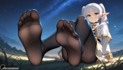 1girl aerial_fireworks ai_generated arm_support astronaut aurora bare_tree campfire christmas_lights christmas_tree city city_lights cityscape cloud constellation elf feet female female_only foot_focus frieren galaxy grass light_particles looking_at_viewer milky_way night night_sky no_shoes onsen outdoors planet pointy_ears shooting_star sky skyline skyscraper snow soles solo sousou_no_frieren space star_(sky) starry_background starry_sky starry_sky_print sunori toes