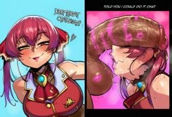1girl 2koma ahegao ai_generated before_and_after blush breasts bustybunz comic deepthroat deepthroat_mark drooling english_text fellatio heart_eyes hetero heterochromia hololive houshou_marine huge_breasts huge_penis irrumatio large_breasts lipstick_mark lipstick_on_penis long_hair massive_penis open_mouth oral penis_awe red_eyes red_hair rolling_eyes saliva speech_bubble sweat tagme tears thick_penis tongue_out twintails two_panel virtual_youtuber yellow_eyes