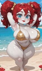 urikoito ai_generated pixai poppy_playtime poppy_(poppy_playtime) golden_week golden_bikini gold_bikini beach ocean day daytime blue_skin blue_eyes red_hair red_lipstick looking_at_viewer smile smiling smiling_at_viewer armpits arms_behind_head sweat sweating sweaty sweaty_body sweaty_breasts sand curly_hair twintails pigtails ribbons bikini freckles freckles_on_face freckles_on_breasts eyelashes white_skin shortstack 1girls 1female female female_only female_focus solo solo_focus solo_female navel belly belly_button breasts breasts_bigger_than_head big_breasts huge_breasts thick_thighs thighs wide_hips hips hips_wider_than_shoulders