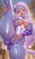 emilia_(re:zero) re:zero_kara_hajimeru_isekai_seikatsu standing standing_on_one_leg standing_split rubbing_crotch rubbing_pussy unzipped unzipped_bodysuit nipple_bulge white_hair purple_eyes slombert ai_generated bodysuit latex large_breasts cleavage underboob breasts huge_thighs thighs ass_visible_from_front