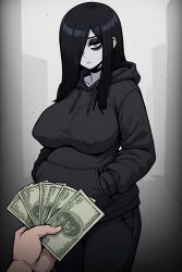 ai_generated baggy_eyes big_breasts choker dark_hair eyeshadow female goth_girl hair_over_one_eye hands_in_pockets hoodie male nipple_outline offering_money perchance_ai