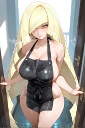 lusamine_(pokemon) lusamine pokemon pokemon_sm female mature mature_female female_only focus seductive girl 1girl seductive_look sex sexy blonde_hair blonde_female smile excited wet sweat standing looking_at_viewer ass breasts big_breasts green_eyes pervert pervert_female fingers finger_in_mouth one_eye_obstructed ai_generated furiwif07 from_above apron cooking